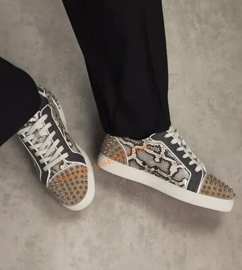 

Python Pattern Yellow Toe Lace Up Sneakers for Men Rivet Mixed Color Flats Casual Skateboard Shoes Trainers Zapatillas Mujer