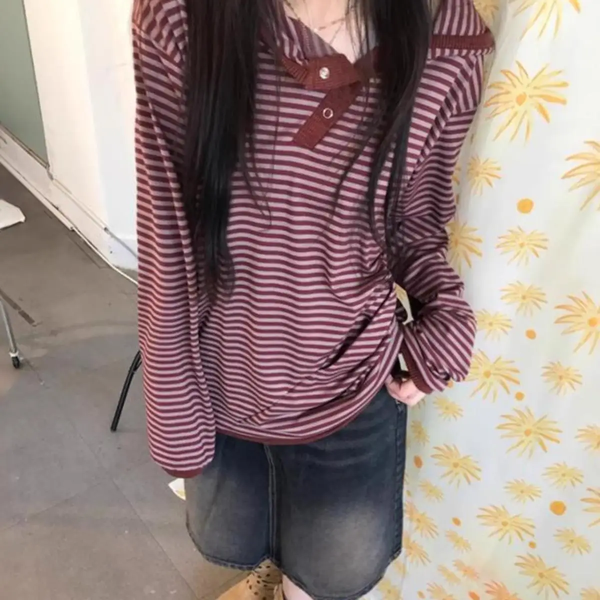 

Korean Sle College Girl Anti-Aging Hidden Button Hooded Stripe irt Casual Hoodie T-irt Long Sve Commute Sle Autumn...
