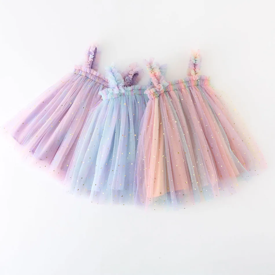 2024 Kids Sundress with Sequin Stars and Rainbow Puffy Tulle Strap Skirt Baby Girl Princess Tank Dress for Casual Magical Moment