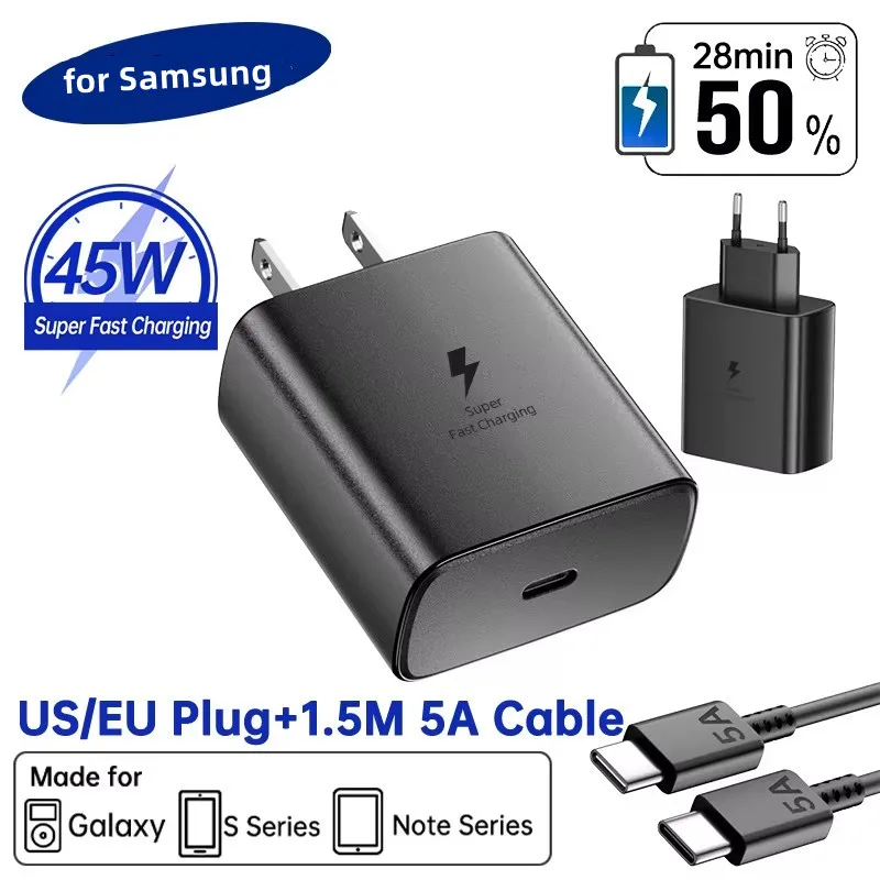 for Samsung Charger 45w Super Fast Charge PD Wall chargeur EU US Adapter Plug for Galaxy S24 S25 Ultra Plus Note 10+5G M55 A55