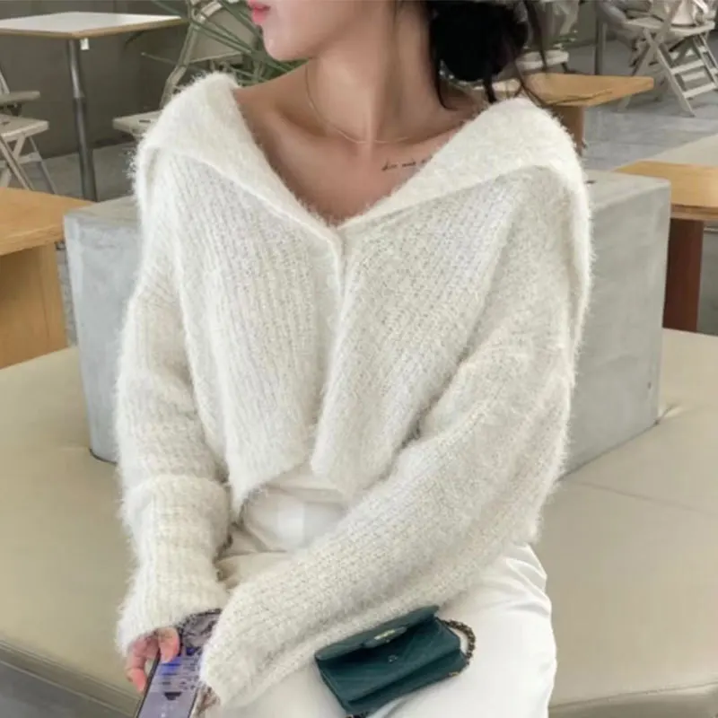 

Hsa 2023 New Mohair Chic Coat Women Sailor Collar Knitted Sweaters Cardigan Jacket Loose Tops Button Long-sleeve Outerwear