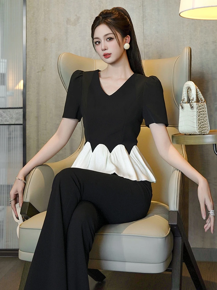 

Women Clothes Casual Black V-Neck Ruffle Shirt Elegant Lady Mujer Short Sleeve Slim Tops Sweet Blouse Formal Fashion Summer New