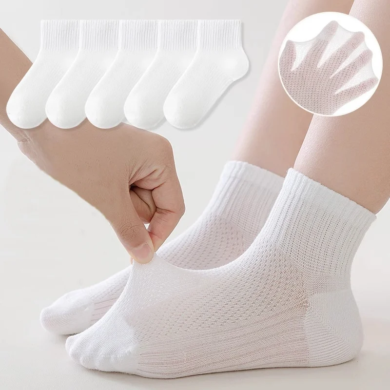 5Pairs/lot White Children's Socks Summer Thin Mesh Student Sport Sock Soft Kids Running Midtube Socks For Boys Girls 2-12Years