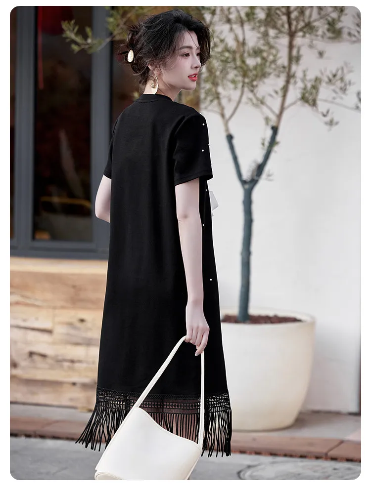 Vestido recto con borlas de verano para Mujer, Vestidos por debajo de la rodilla de manga corta con cuentas de perlas, Vestidos informales lisos a la moda para Mujer