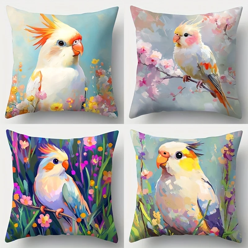 Oil painting style parrot theme printing pillow cover Short plush Suitable living rooms bedrooms sofas throw cushion cover