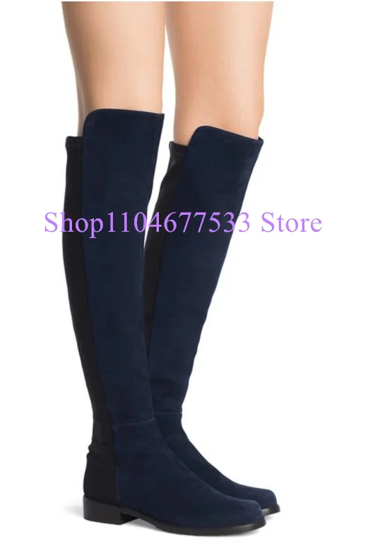 

Синие замшевые женские высокие сапоги на плоской подошве, модные лоскутные женские длинные сапоги с круглым носком, женские повседневные модельные туфли большого размера