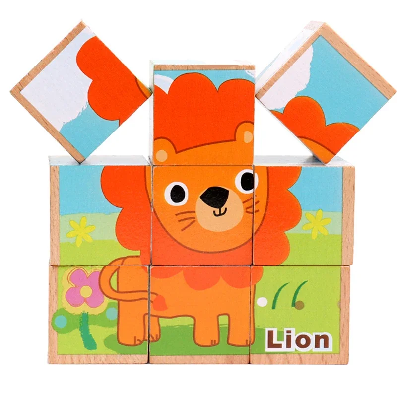 Quebra-cabeça de madeira dos desenhos animados animais brinquedos 9 pçs único 6 lados sabedoria quebra-cabeça educação precoce aprendizagem brinquedos para crianças jogo
