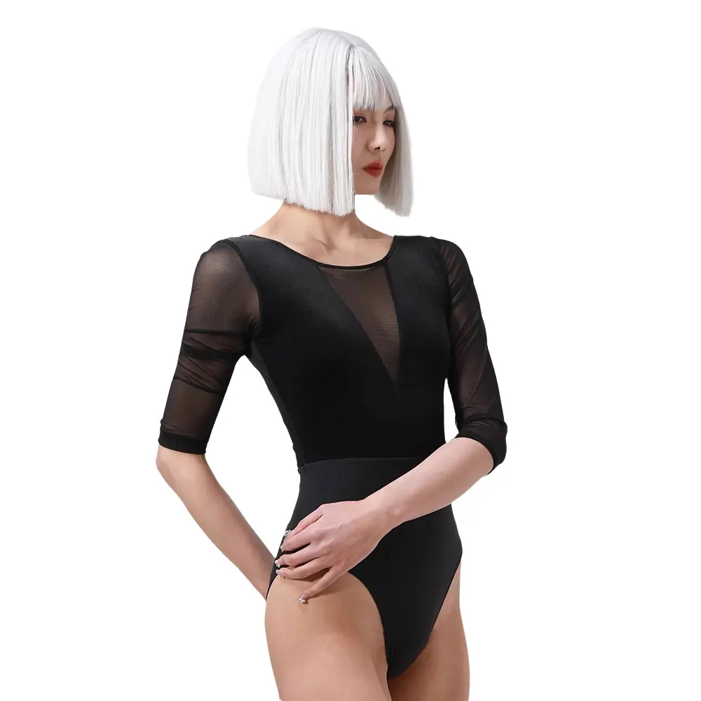 Ballet New V-Neck Black Slim Stretch Mesh Professional Gymnastics Suit Women's Ballet Classical Dance Practice All-in-one Suit