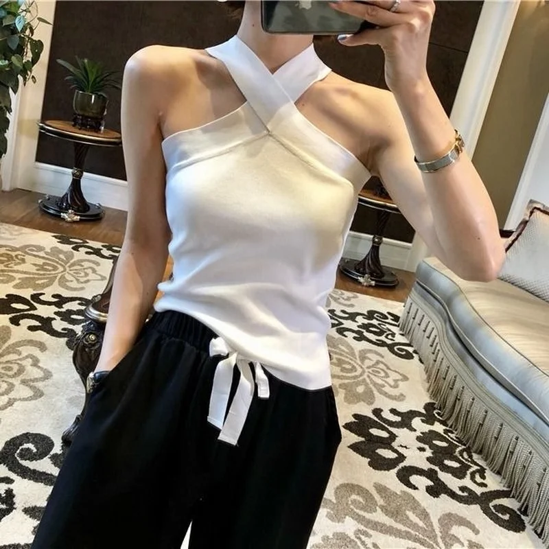 Camis Women Ulzzang Sexy Criss-cross Halter Off Shoulder Tops Jogger Retro Trendy Slim Summer Streetwear Punk Girls Y2K Hot Sale