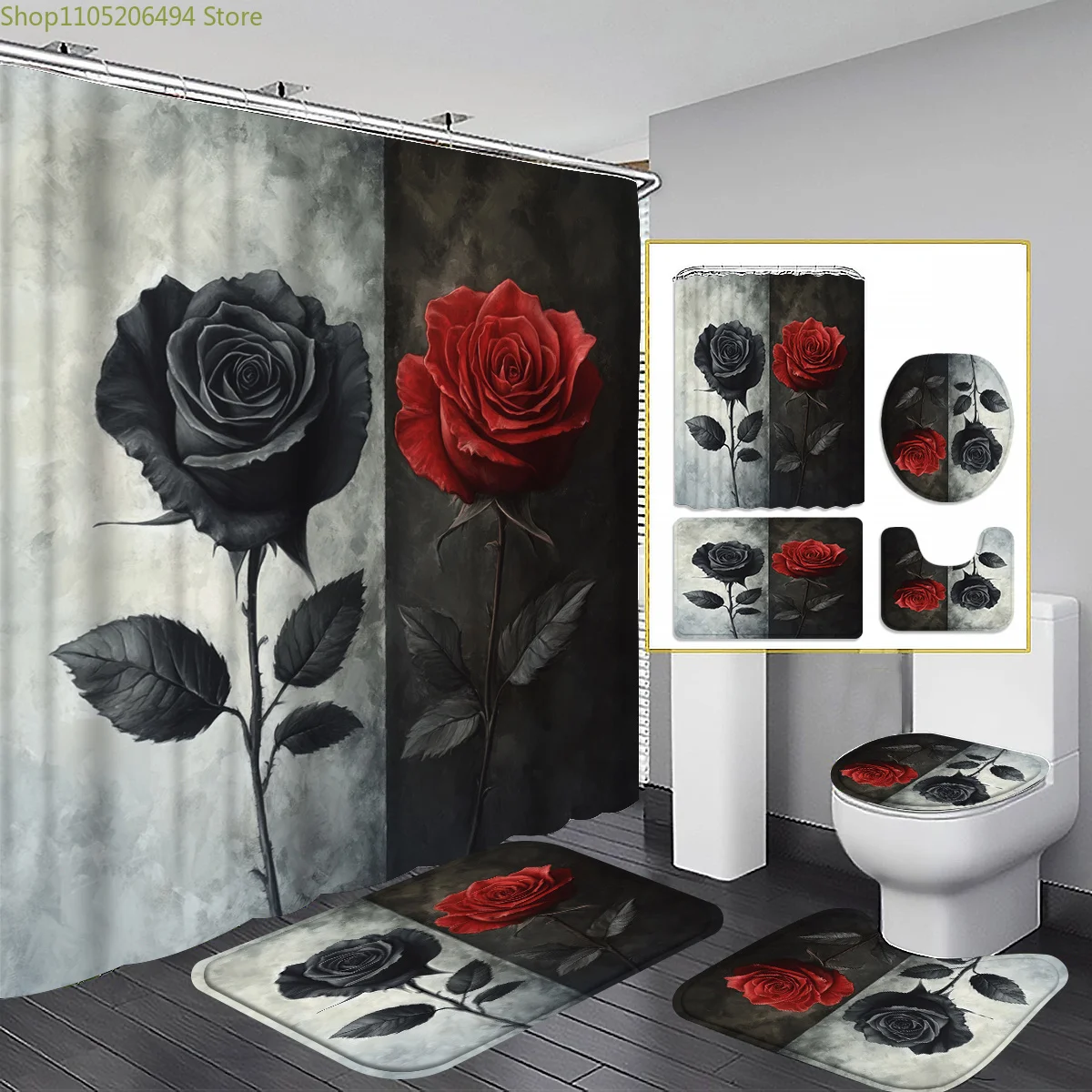 

1/3/4pcs Black and Red Roses Shower Curtain, Bathroom Decor, Shower curtain set Includes Bath Mat, U-shaped Mat, Toilet Lid Co