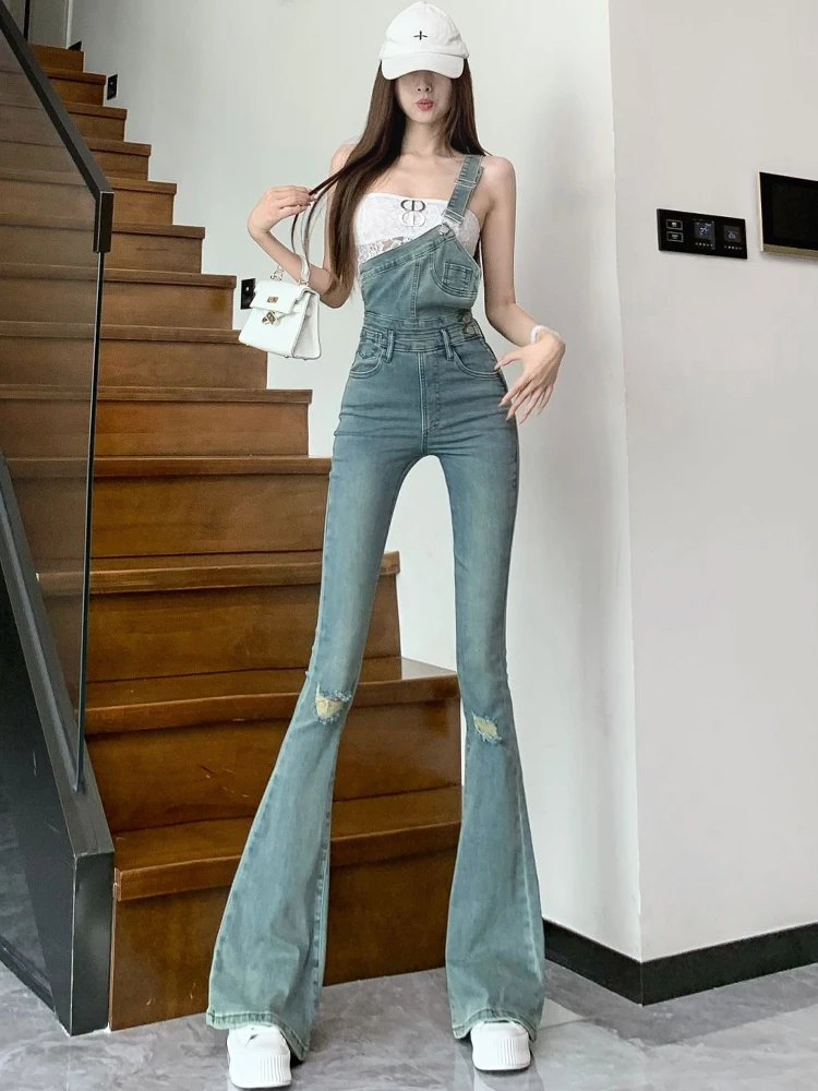 Slim Wide-Leg Flare Jeans Spaghetti Straps Denim Jumpsuit Fashionable High Street Autumn Women's Trousers