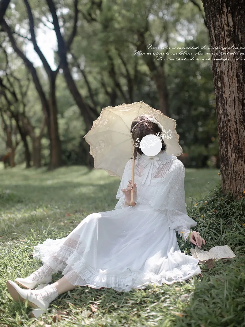 Y2k الأصلي الأبيض النقي الكلاسيكي أنيقة فستان غزل مدبب اليابانية لوليتا نمط الأبيض ضوء القمر كيب شال فساتين طويلة الأكمام