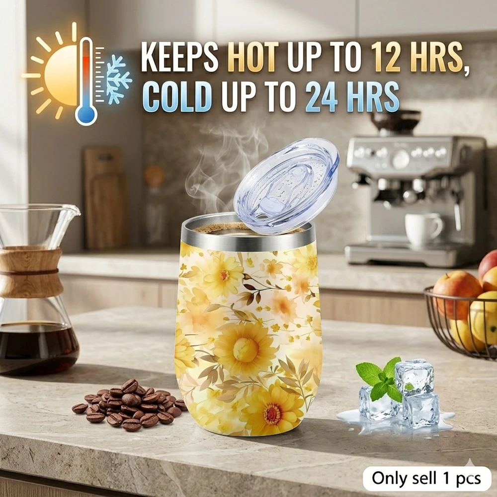 Yellow Bloom Patterns Vacuum Flasks 12oz Insulated Stainless Steel Mug with Lid Travel Tumbler Double Wall Drink Coffee Cup