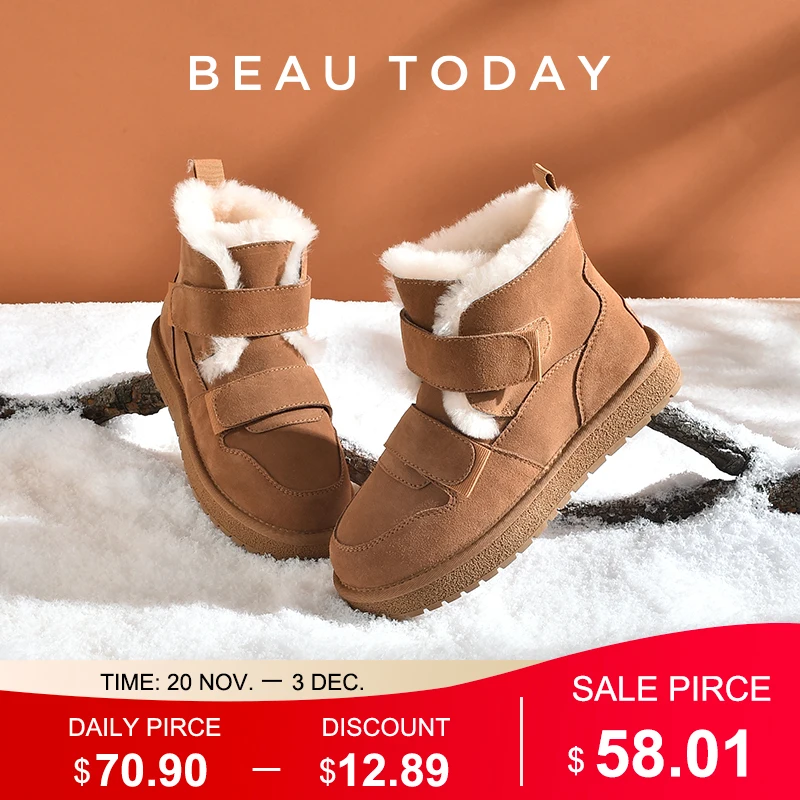 BEAUTODAY Snow Boots Women Cow Suede Furry Solid Color Round Toe Hook & Loop Flat With 2023 Winter Lasies Shoes Handmade 08042