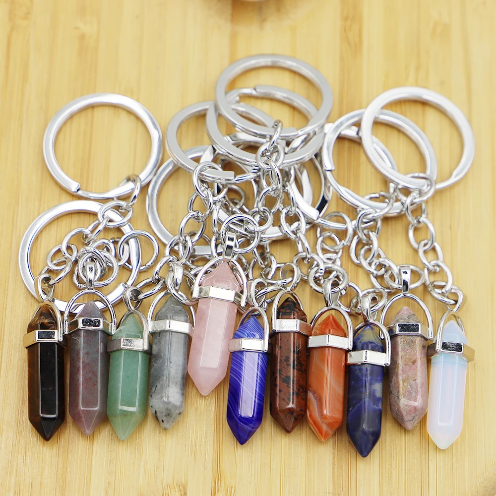 1Pc Trendy Hexagonal Column Shape Crystal Opal Natural Stone Pendant Keychain Accessories For Women Men Gift