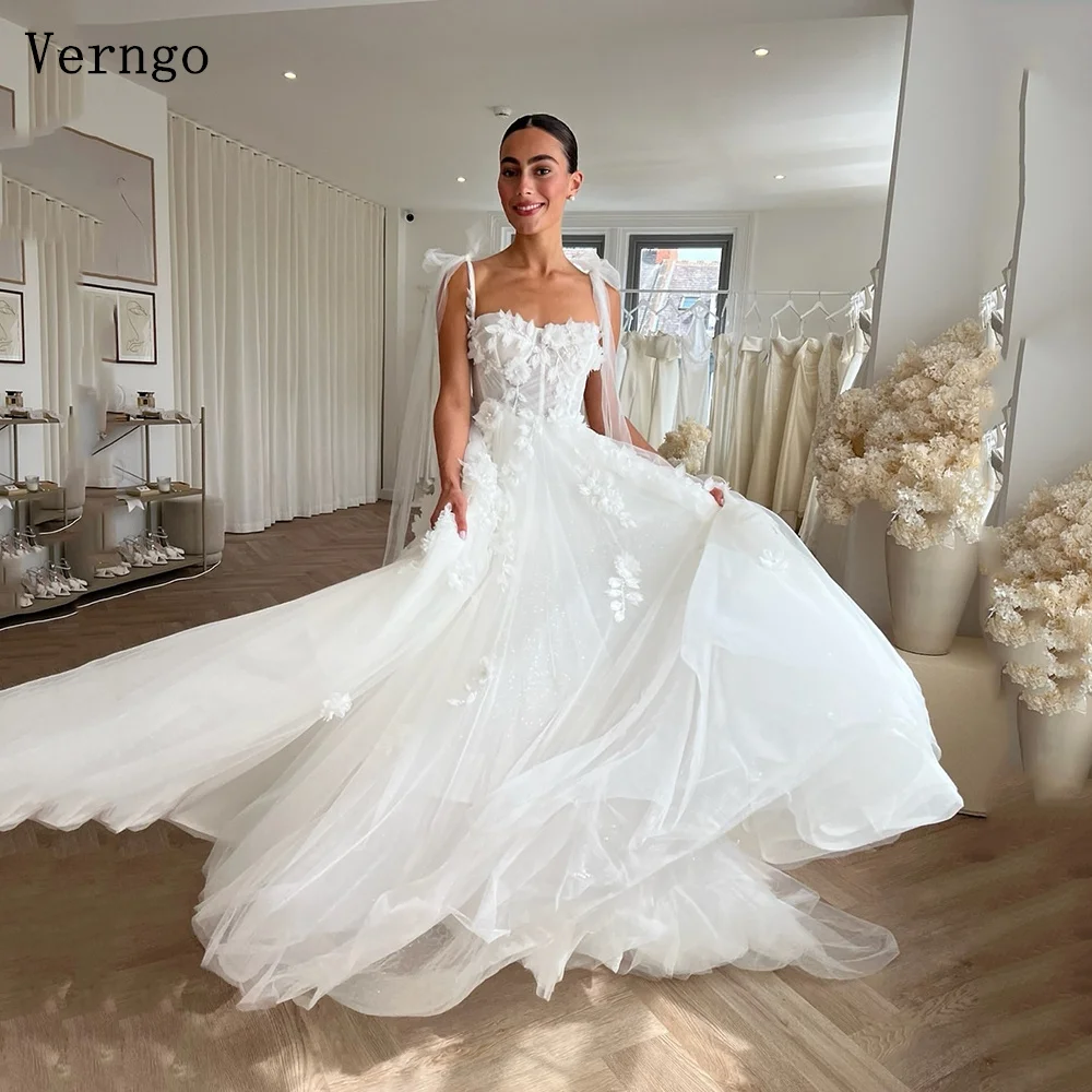 Verngo Appliques lvory Tulle Wedding Dress Spaghetti Straps A Line Bridal Gowns Classic Maxi Formal Bride Dress Customized