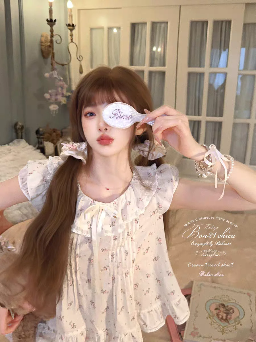 Princess sweet lolita shirt bobon21 Porcelain doll girl retro floral cute lace bow cotton babydoll shirt T2421