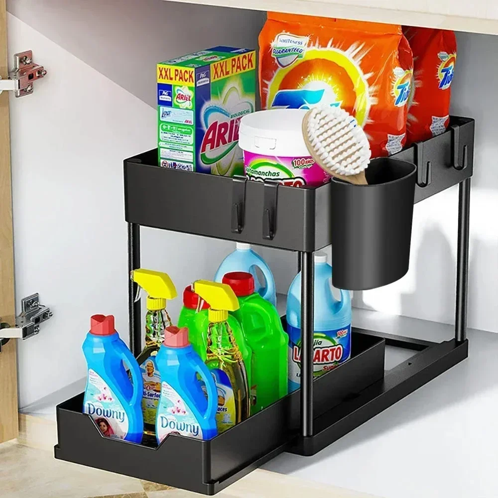 2 Tier Under Sink Organizer Sliding Cabinet Basket Kitchen Organizer Organizer Storage Rack with Hooks Hanging Cup Bathroom