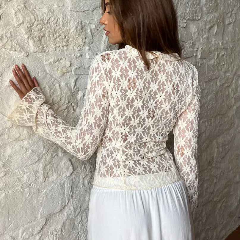 hirigin Elegant Women Summer Lace Floral Tops Flare Long Sleeve Tie Front Sheer Slim Crop Cardigan Clubwear blusa mujer moda