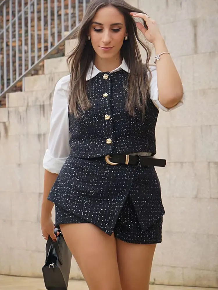 HH Female Set Black O-Neck Sleeveless Button Single Breasted Waistcoat+High Waist Belt Shorts Summer Suit Woman 2024 Trendy