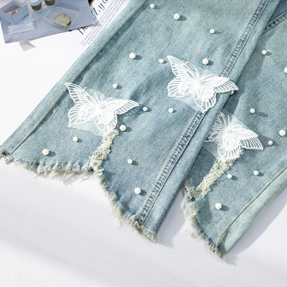 Chic Peal Beading Flared Jeans Women Trendy High Waist Slim Ankle-Length Denim Pants Irregular Tassels Butterfly Lace Blue Jeans