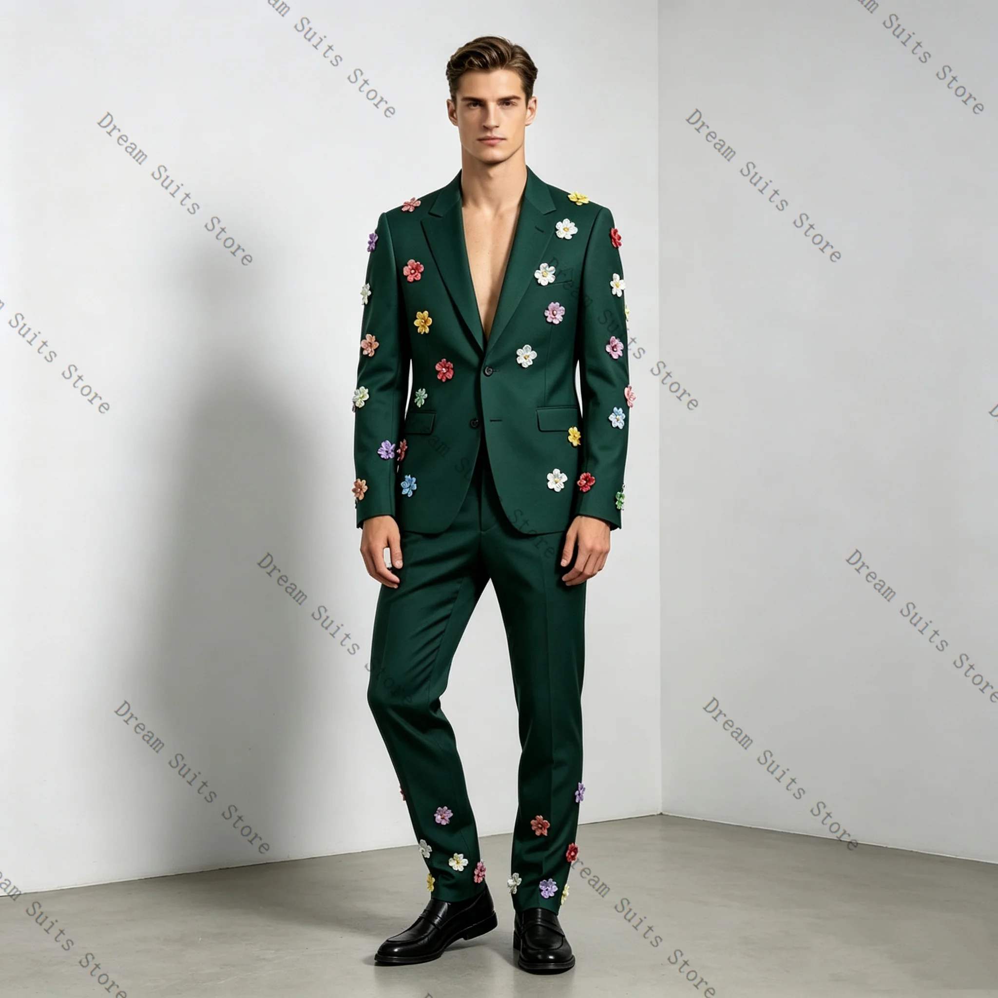 Green Men Suit Set 2 Pcs Blazer+Pants Trousers 3D Flower Cotton Customized Formal Office Jacket Wedding Tuxedos Prom Coat