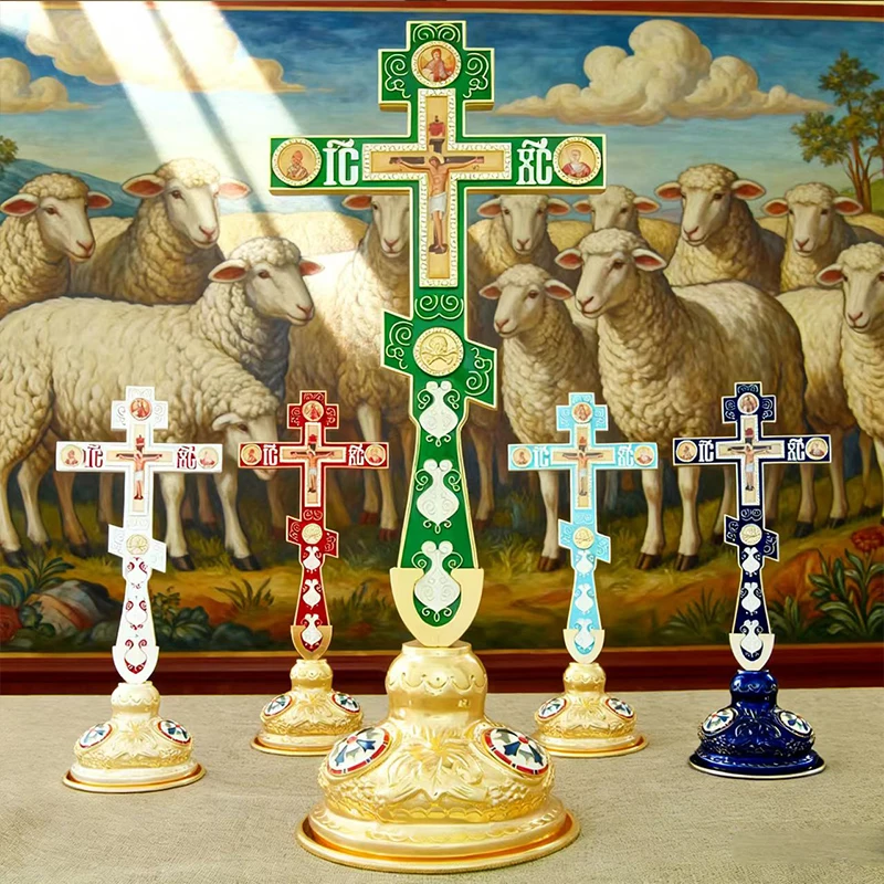 Neues Orthodoxes Kruzifix, vergoldetes Standkreuz mit religiösen Porträts, christliche Altardekoration für Zuhause, orthodoxes Geschenk – Detail 6