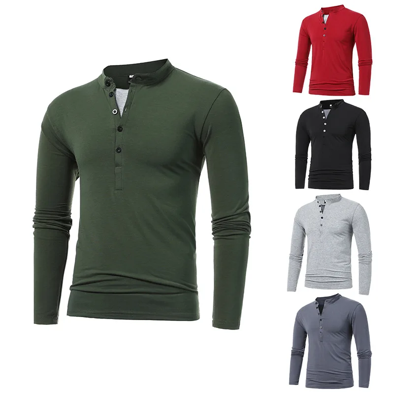 European Casual Solid Color Men's T-shirt with Multiple Buttons, Fake Two Pieces, Basic Large Long Sleeved T-shirt, 5 Colors