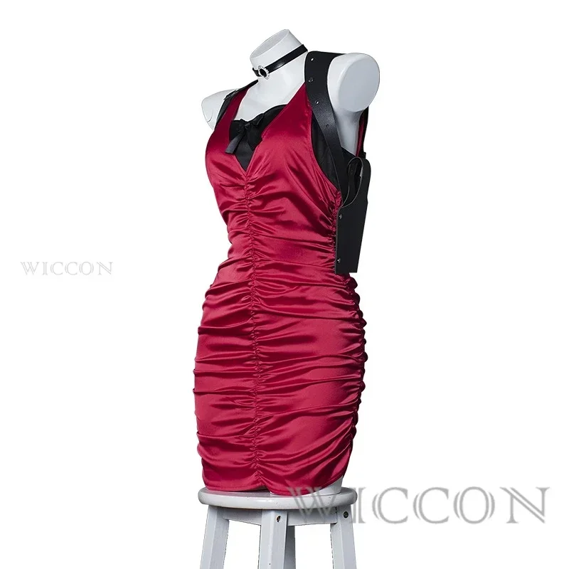 EE01 آدا وونغ تأثيري حلي الملابس شعر مستعار تأثيري لعبة التجسس حفلة الهالوين مثير امرأة فستان أحمر Ada Wong تأثيري حلي Io0!