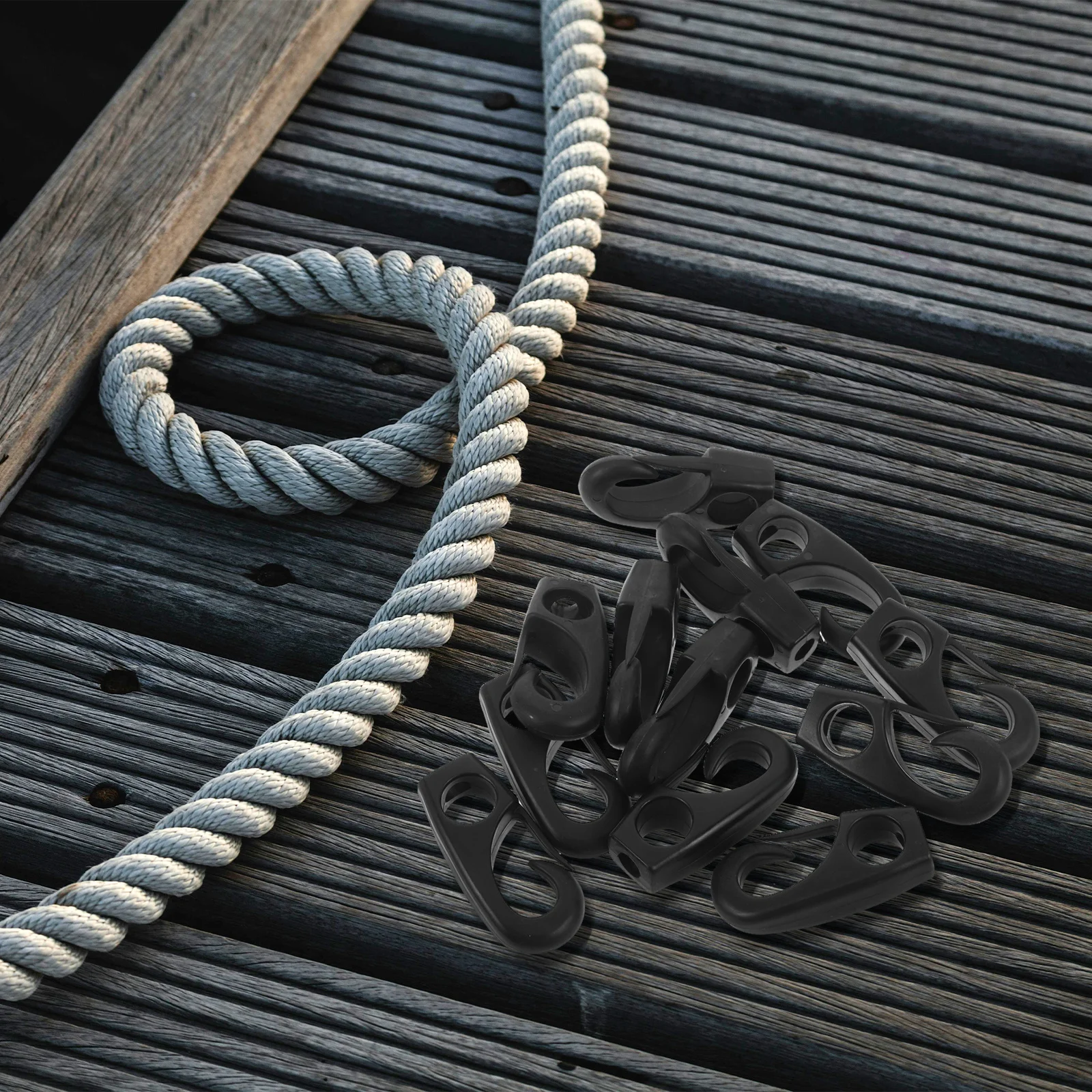 

12pcs Rope Hooks Bungee End Clips Black Nylon For Kayak Canoe Sailing Marine Shock Cord Lashing J-Hooks Boat Deck Rigging