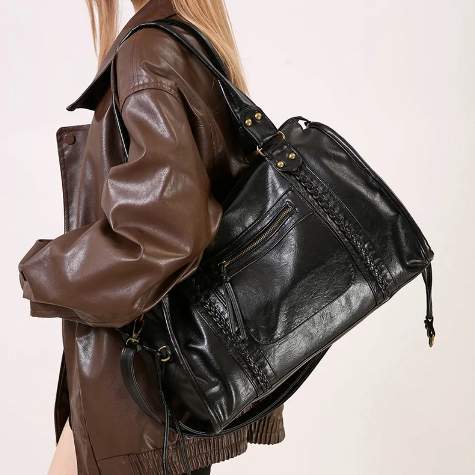 

Vintage Soft Leather Tote Bag Large Capacity Braided Decor Shoulder Crossbody Handbag Retro Casual Top Handle Bag for Commute