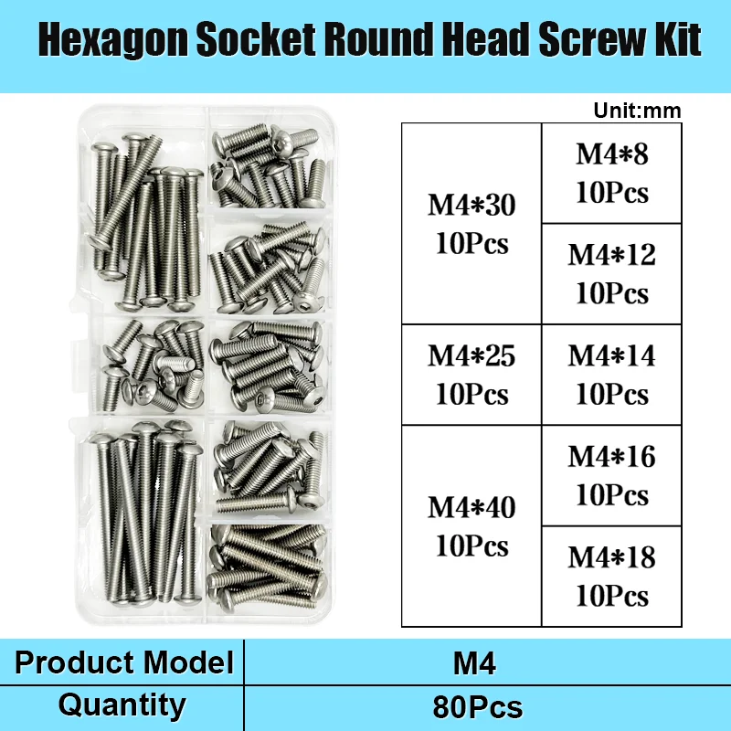M2 M2,5 M3 M4 M5 M6 M8 M10 Innensechskantschraube A2-70 304 Edelstahl Sechskant Knopfkappe Kopf Metrisches Maschinenschrauben-Sortimentsset – Detail 17