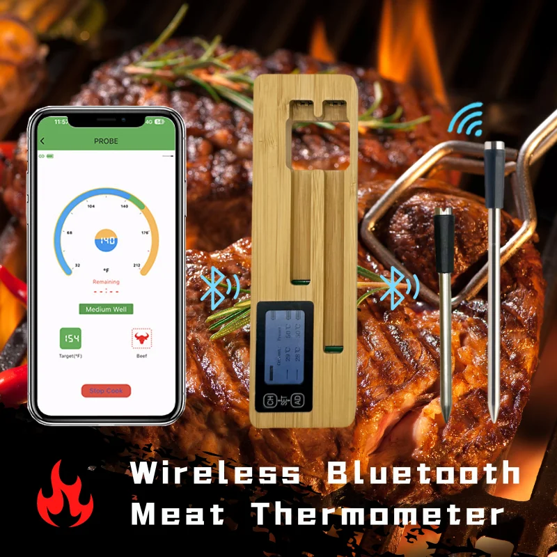 Wireless Meat Thermometer Digital Bluetooth Dual Probes BBQ Thermometer IP68 Waterproof with Display Screen for Air Fryer Oven