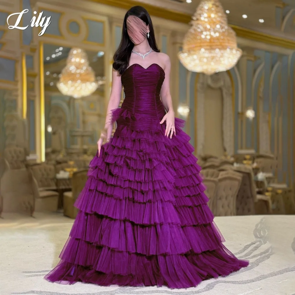 

Lily Elegant Purple Tiered Tulle Formal Gown Sweetheart Prom Dress A-Line Pleating Party Evening Dresses for Woman Customized