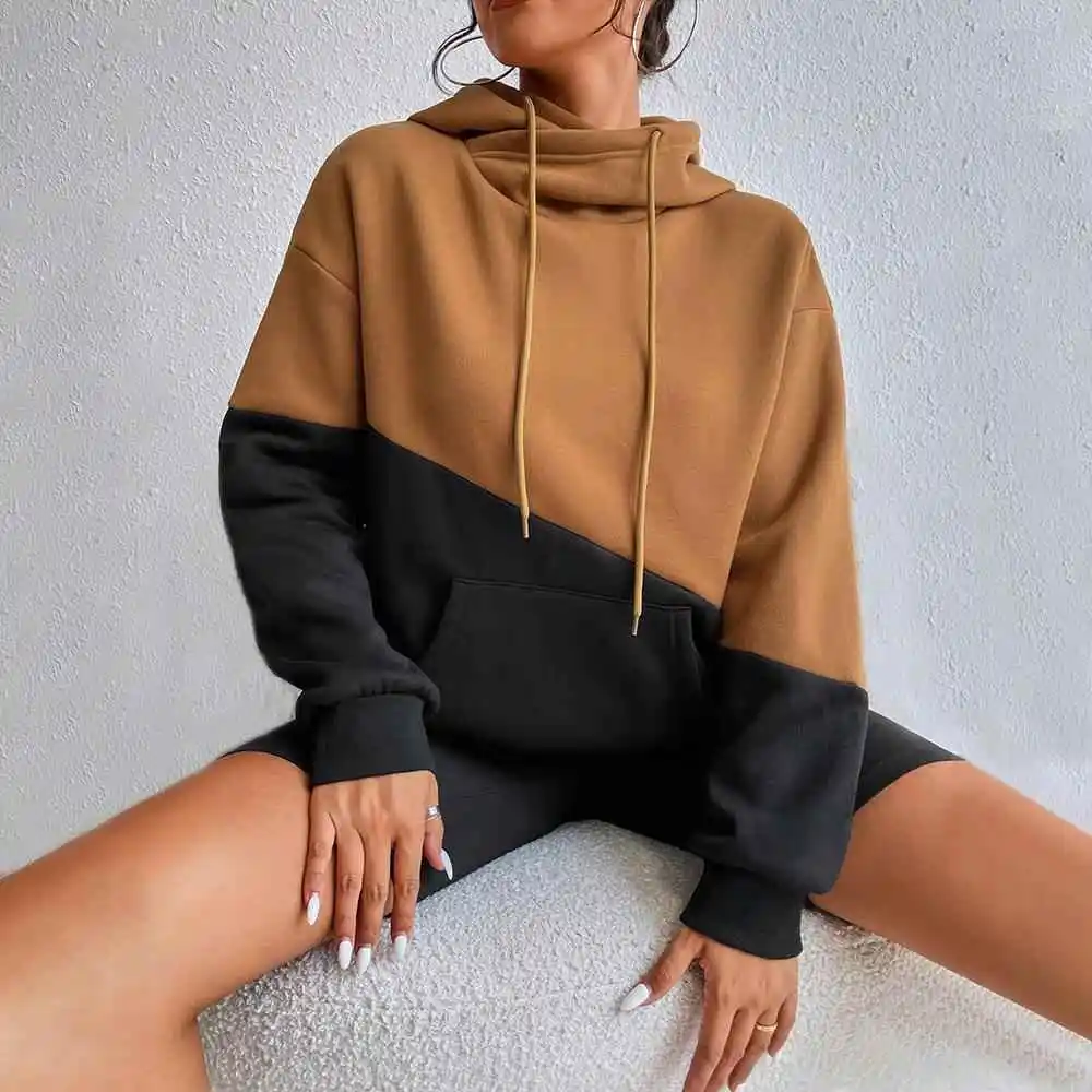 Street Style Oversized Fleece Hoodie Color Block Design Long Sleeve Women's Sweatshirt Autumn Winter Casual Fashion Top