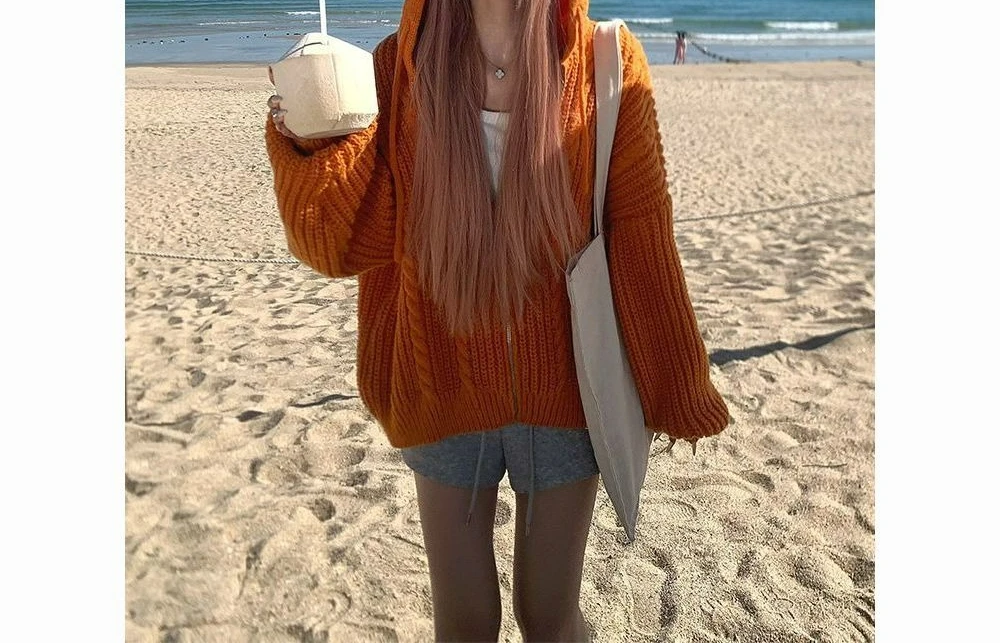 Suéter con capucha de punto de cable estilo perezoso de invierno para mujer suéter suelto de dopamina