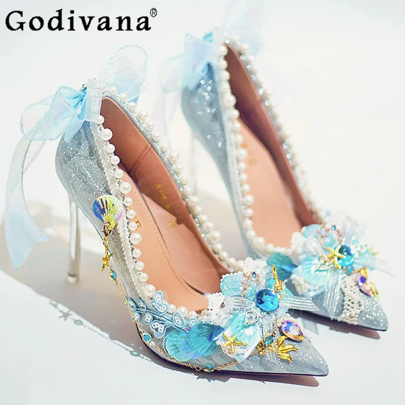 

Japanese Original Handmade Dreamy Gorgeous Lolita High Heels Sweet and Elegant Girl Pointed Toe Stiletto Pearl Shoes