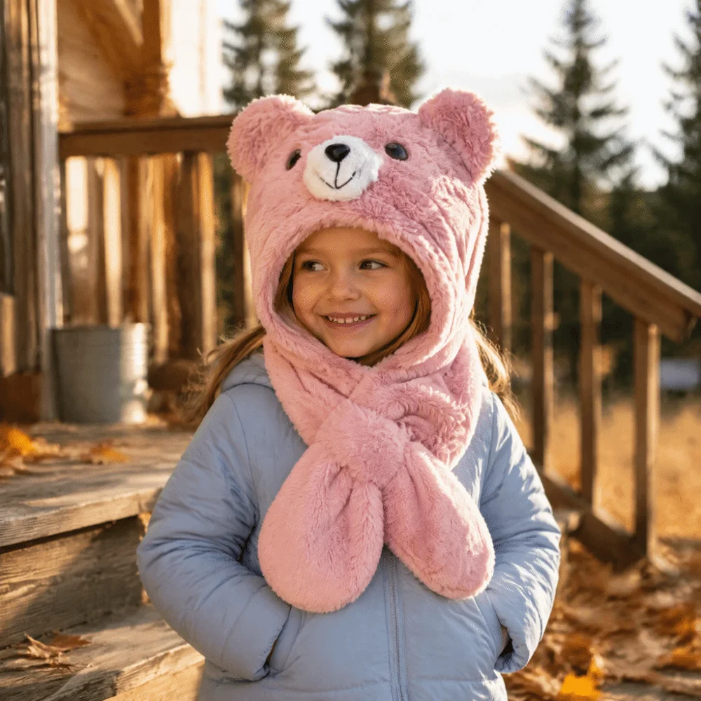 Cute Thickening Kids Integrated Scarf Hat Windproof Fluffy Plush Warmth Winter Beanie Hat Soft Cartoon Bear Earmuffs Hat Baby