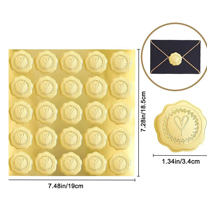 Adesivos de envelope dourado, selo de coração em relevo, autoadesivo para cartões, convites, presentes – 5 ou 10 folhas