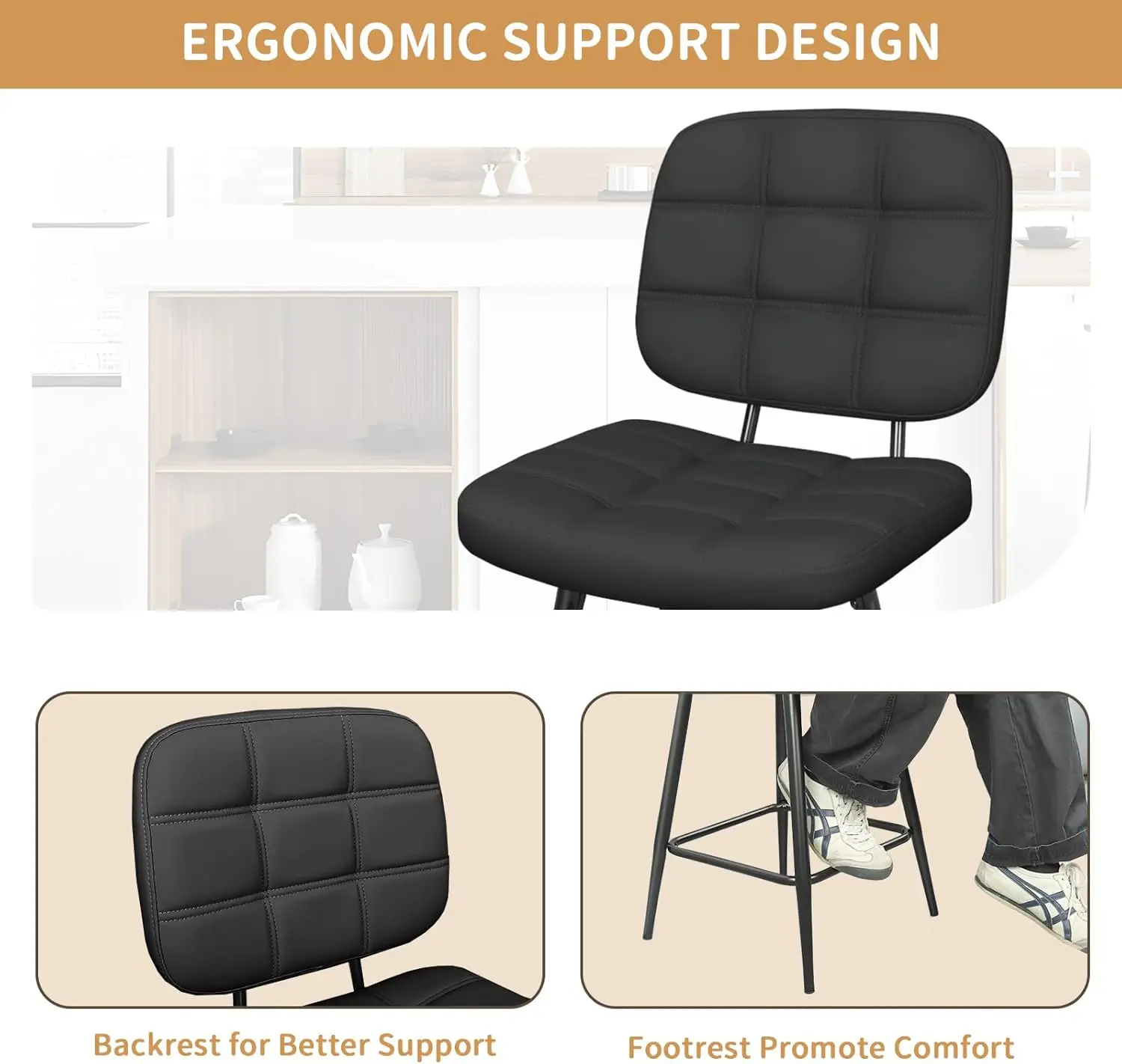 Bar Stools Set Of 2, 24 H Upholstered Metal Barstool With Ba And Footrest, Bar Chair With Metal Base For Dining Room Counter