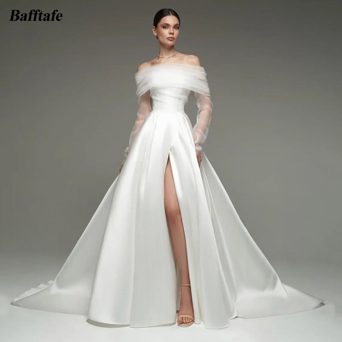 Bafftafe A-Linie Satin Braut Brautkleider Organza Lange Ärmel Schlitz Hochzeit Fotos Schießen Frauen Party Brautkleider Maßgeschneidert