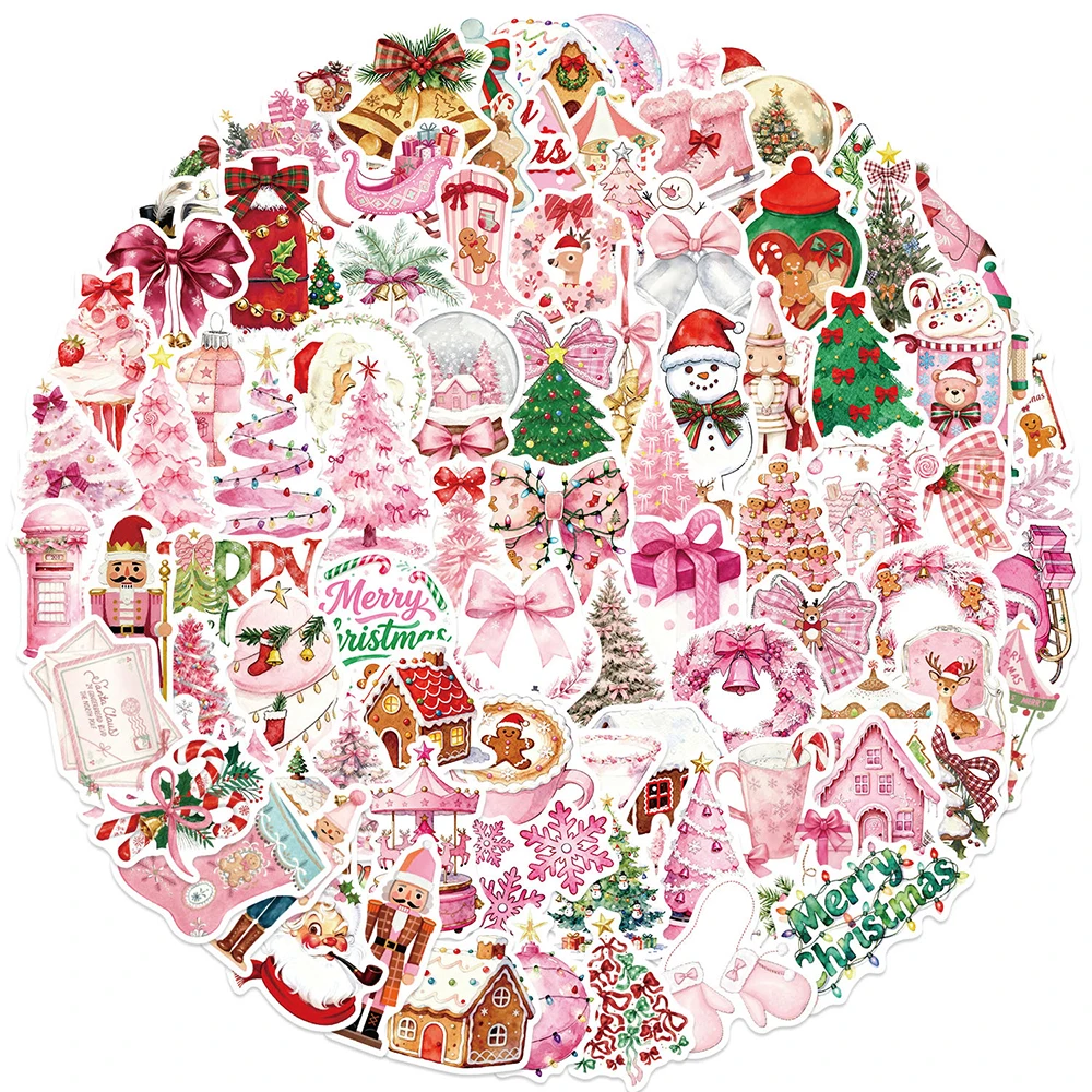 10/30/50/100pcs Pink Cute Christmas Santa Claus Stickers Aesthetic Christmas Tree Deer Cartoon Sticker DIY Notebook Guitar Diary