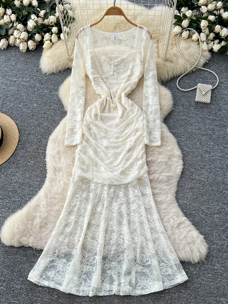 

Sexy Lace Long Sve Fi Tail Dr High Waist Pleated Slim Fit Square Collar Gown for Women Autumn Ci Commute A-Line Skirt