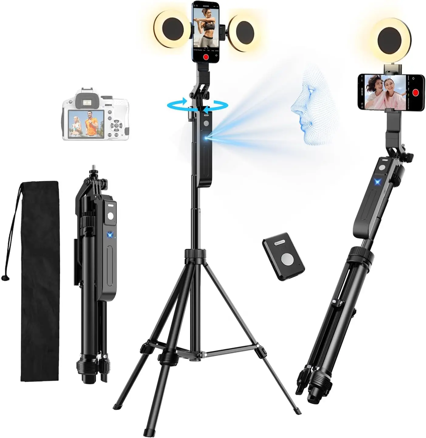 

70.9" Auto Face Tracking Tripod 360° Rotation with Lights, Motion Sensor Phone Tripod Stand Selfie Stick with Remote, F