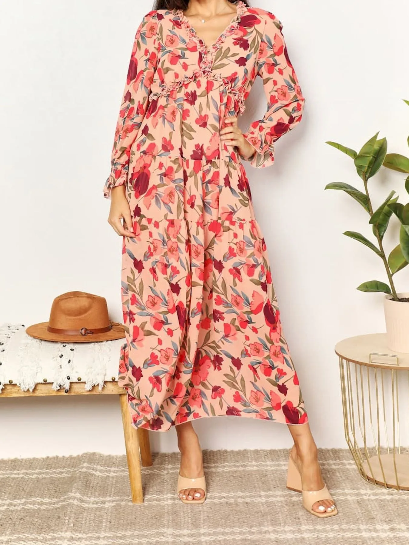 Elegantes Blumenmuster Damen Sommer Casual Rüschen Mehrlagiges Langarm V-Ausschnitt A-Linien Langes Maxi Party Loses Boho-Kleid – Detail 13