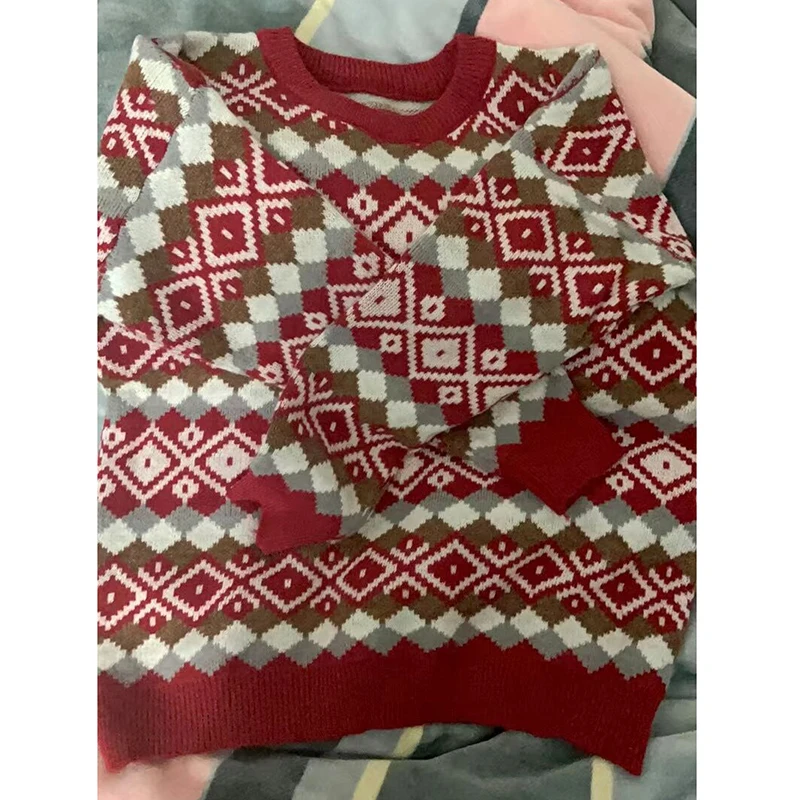 Oversized Geometric Sweater Women Vinatge Loose Round Neck Knitted Pullover All-Match Long Sleeeve Knitwear Top Plus Size Winter