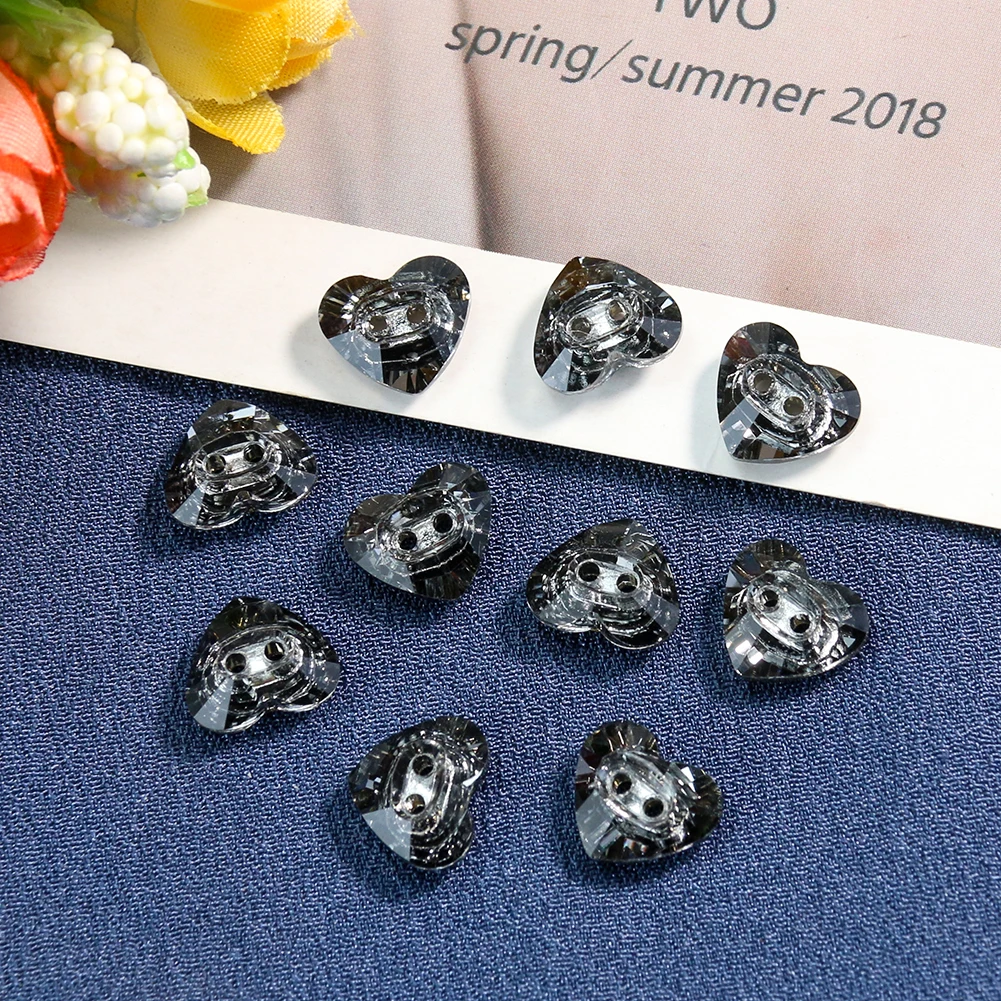 6PCS Laser Cut Heart Shaped 2 Hole Flat Back Crystal Glass Flat Prism Button DIY Garment Sewing Craft