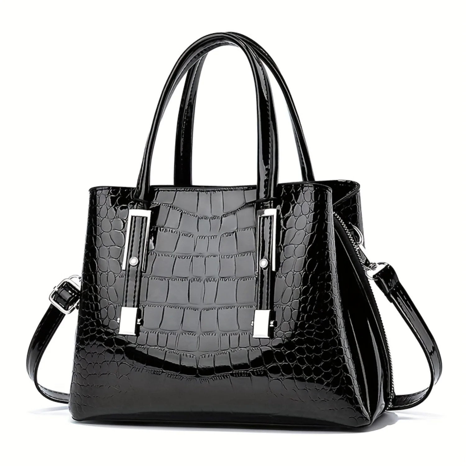 

Bright Crocodile Embossed Handbag | Large Capacity Crossbody Bag | Glossy Top Handle Purse Women
