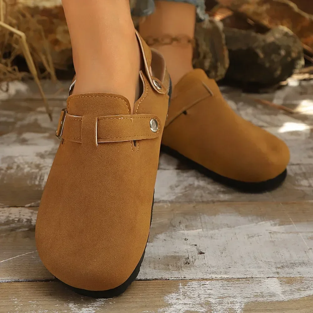 Zuecos de Mujer con Punta Cerrada y Plantilla de Corcho, Mules Ajustables con Hebilla Doble y Tira Trasera, Sandalias Casuales de Gamuza para Caminar en Verano