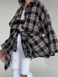 Mumaroho Women Autumn Winter 2023 Oversized Plaid Shirt Thick Vintage Long Sleeve Loose Fit Blouse For Woman